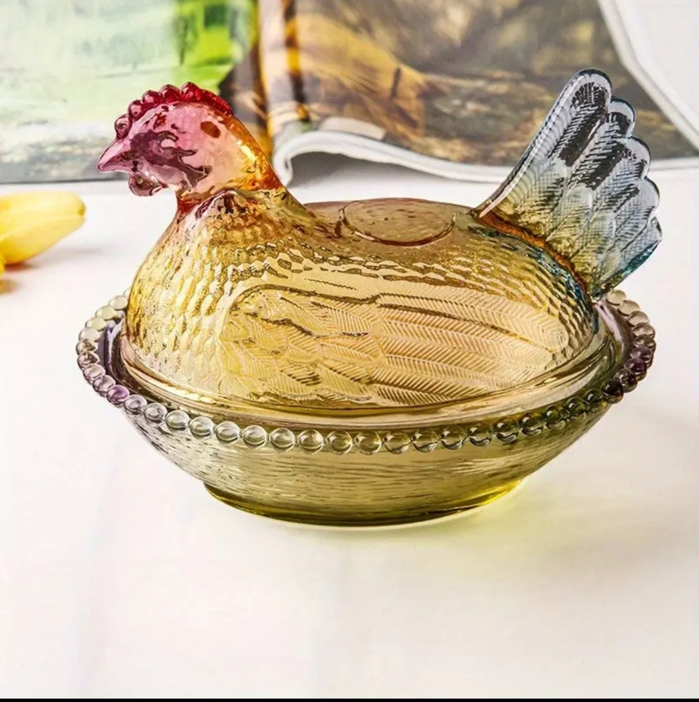 Whimsical Glazed Crystal Chicken Hen Candy Dish with Removeable Lid